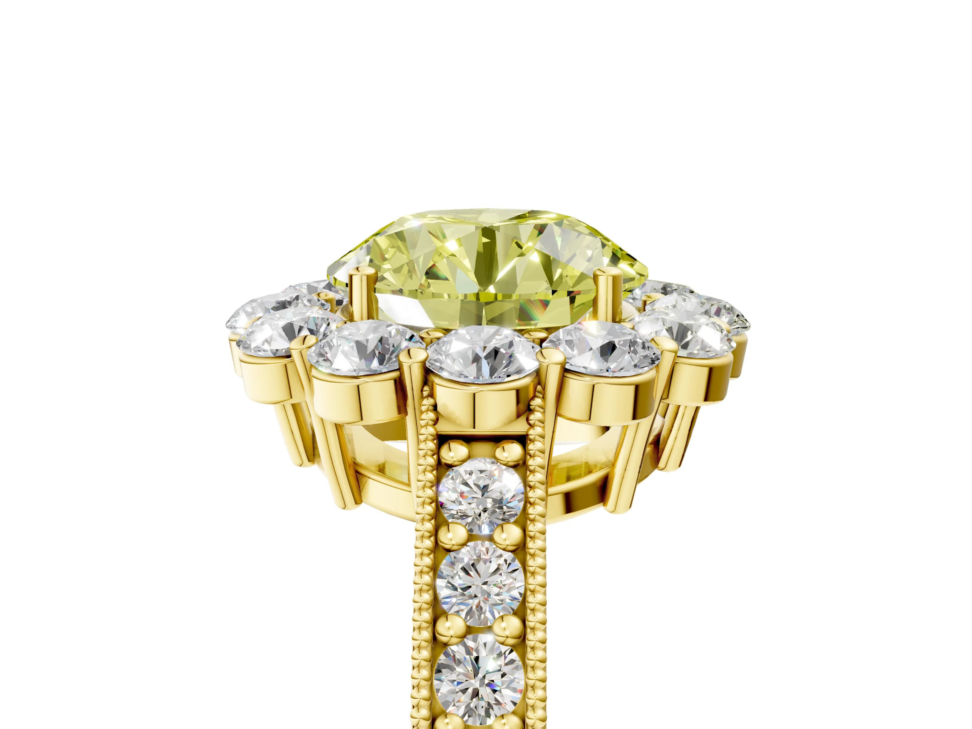 Yellow gold Fancy Yellow Round Cut Cut Halo Diamond Pavé Engagement Ring with Milgrain Detailing_5