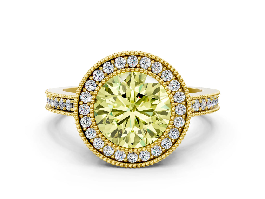 Yellow gold Fancy Yellow Round Cut Cut Halo Pavé Diamond Ring