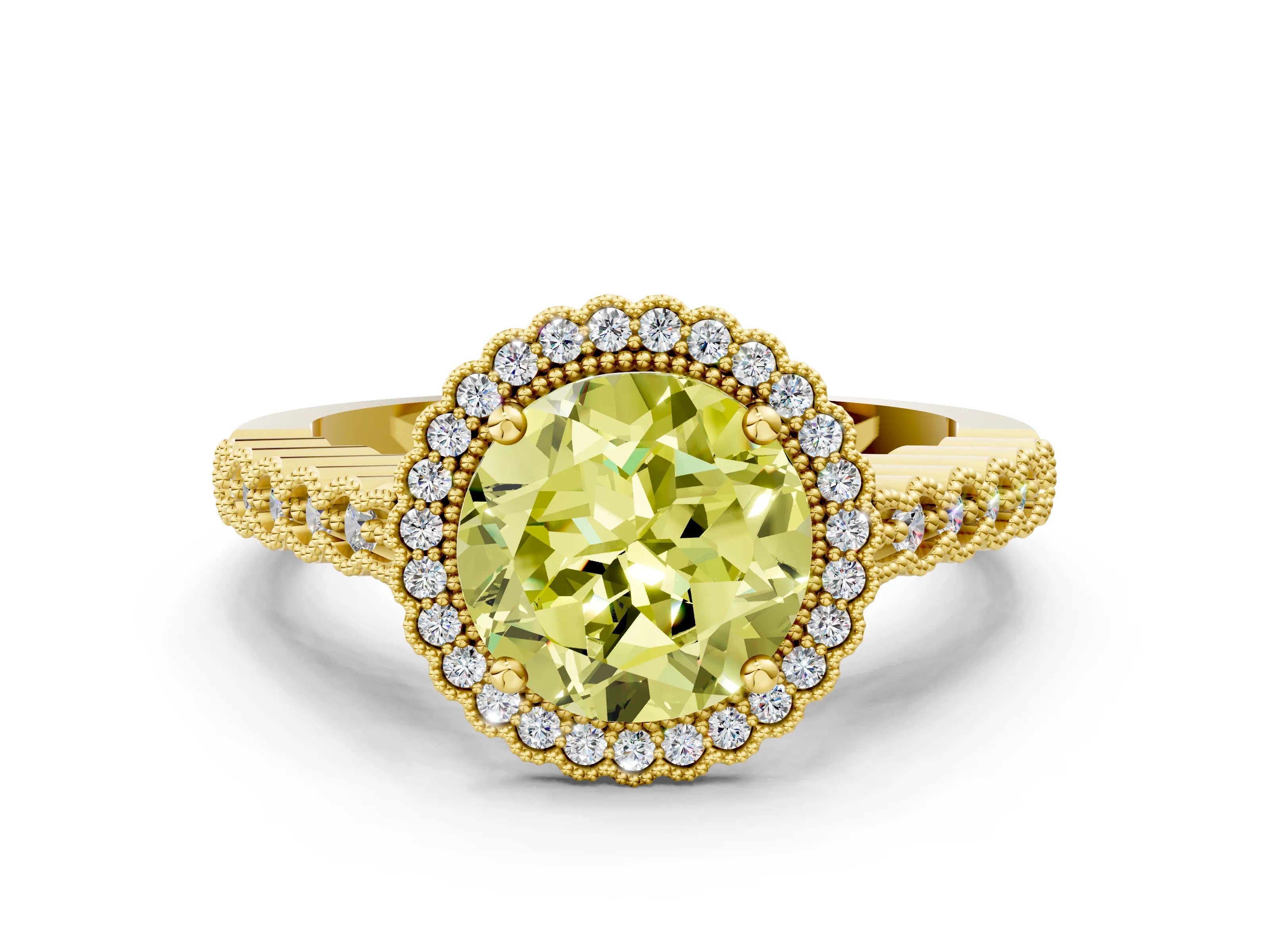Yellow gold Fancy Yellow Round Cut Cut Halo Pavé Solitaire Ring with Milgrain Band