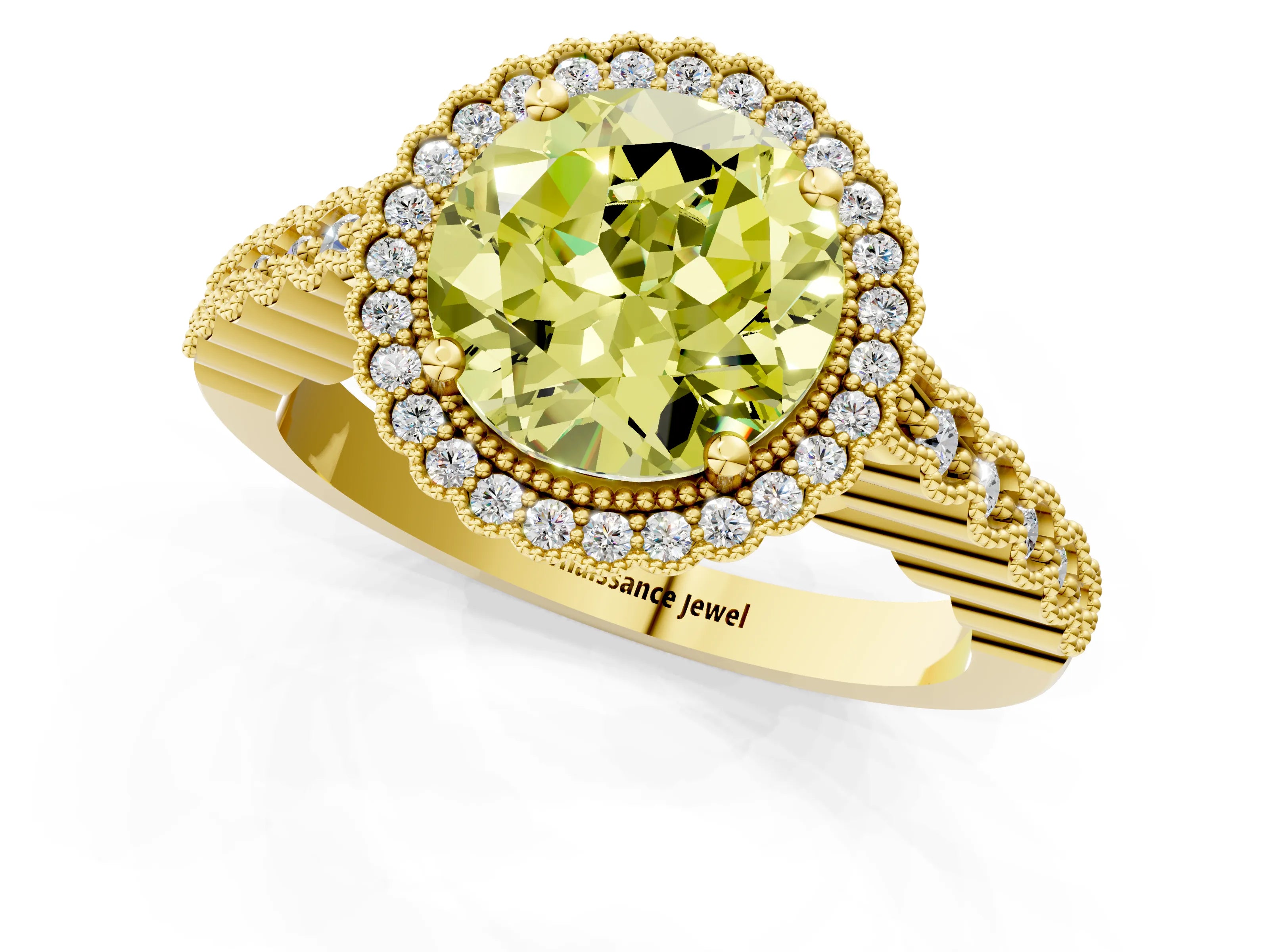 Yellow gold Fancy Yellow Round Cut Cut Halo Pavé Solitaire Ring with Milgrain Band_1