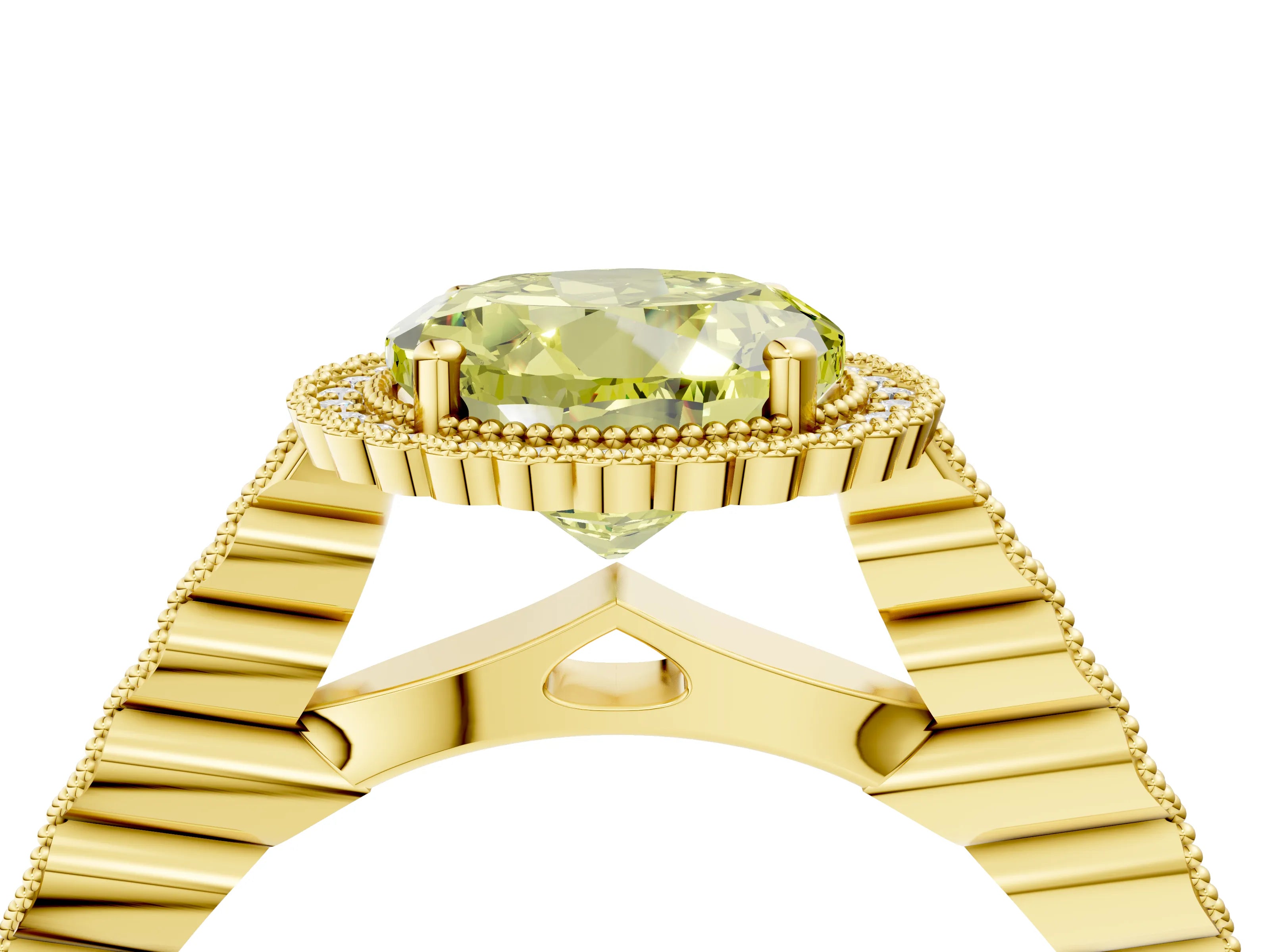 Yellow gold Fancy Yellow Round Cut Cut Halo Pavé Solitaire Ring with Milgrain Band_4