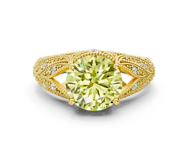 Yellow gold Fancy Yellow Round Cut Cut Milgrain Pave Diamond Engagement Ring with Four-Prong Setting