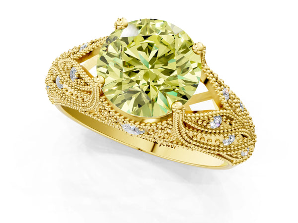 Yellow gold Fancy Yellow Round Cut Cut Milgrain Pave Diamond Engagement Ring with Four-Prong Setting