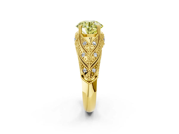 Yellow gold Fancy Yellow Round Cut Cut Milgrain Pave Diamond Engagement Ring with Four-Prong Setting