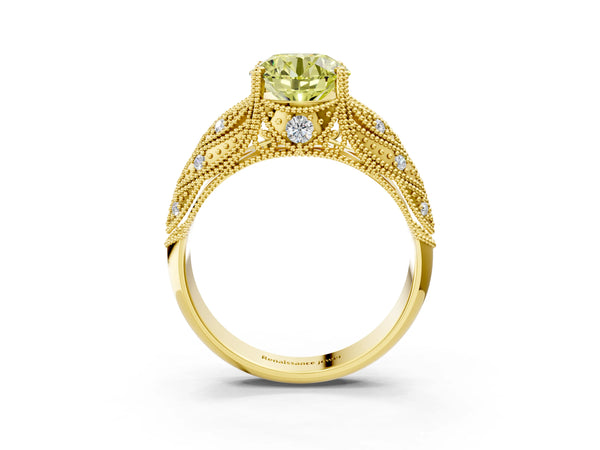 Yellow gold Fancy Yellow Round Cut Cut Milgrain Pave Diamond Engagement Ring with Four-Prong Setting