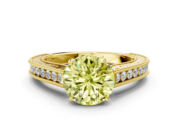 Yellow gold Fancy Yellow Round Cut Cut Pave Band Milgrain Solitaire Ring