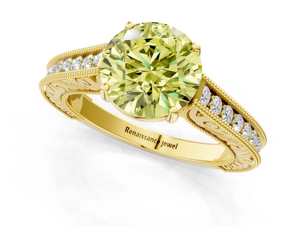 Yellow gold Fancy Yellow Round Cut Cut Pave Band Milgrain Solitaire Ring