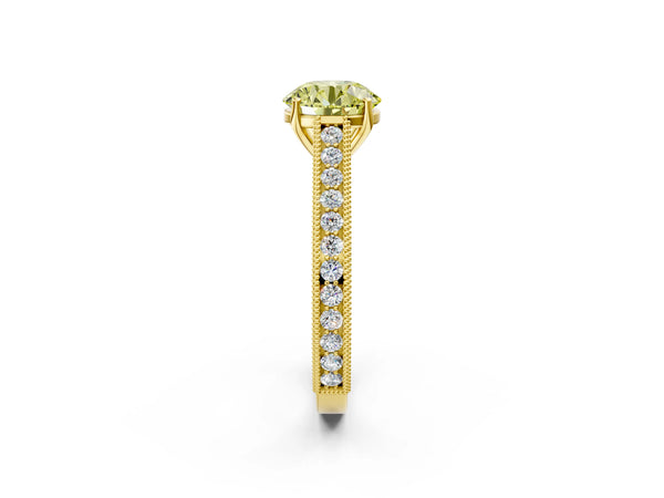 Yellow gold Fancy Yellow Round Cut Cut Pave Band Milgrain Solitaire Ring
