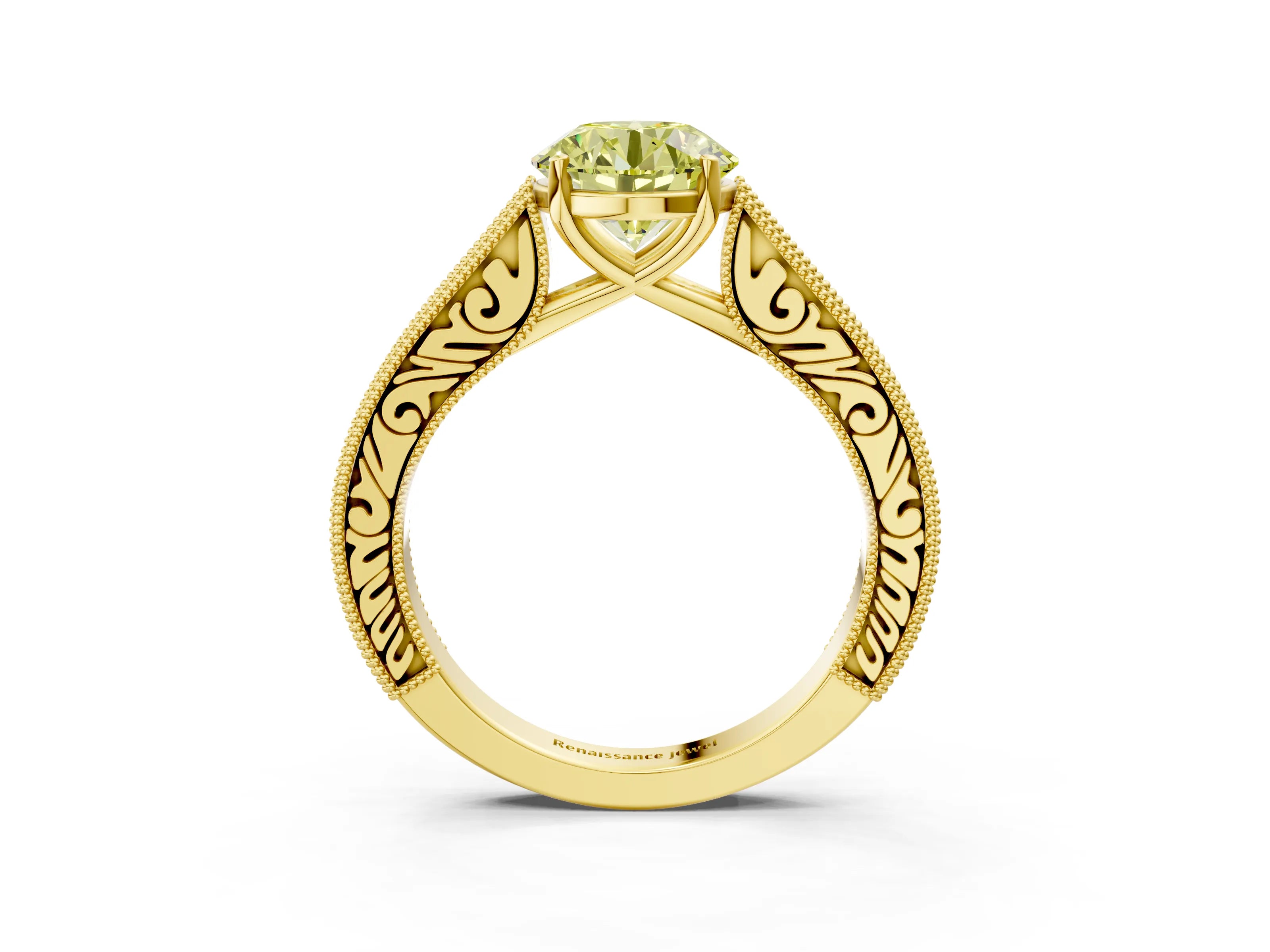 Yellow gold Fancy Yellow Round Cut Cut Pave Band Milgrain Solitaire Ring_3