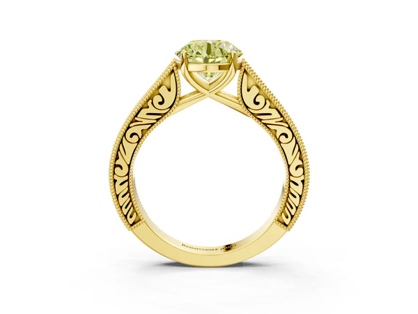 Yellow gold Fancy Yellow Round Cut Cut Pave Band Milgrain Solitaire Ring
