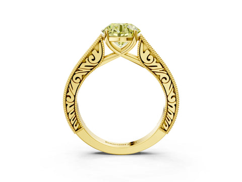 Yellow gold Fancy Yellow Round Cut Cut Pave Band Milgrain Solitaire Ring_3