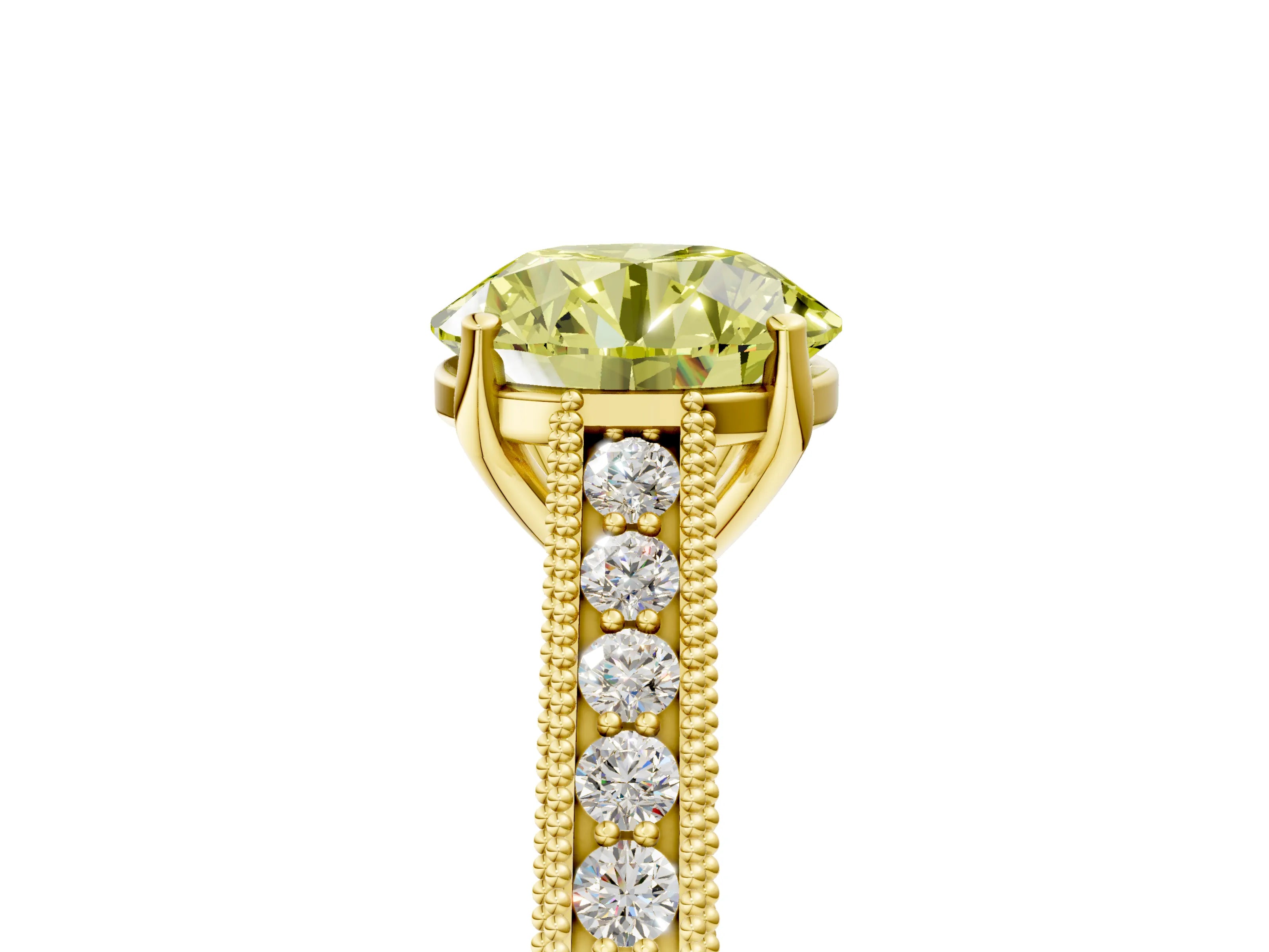 Yellow gold Fancy Yellow Round Cut Cut Pave Band Milgrain Solitaire Ring_5