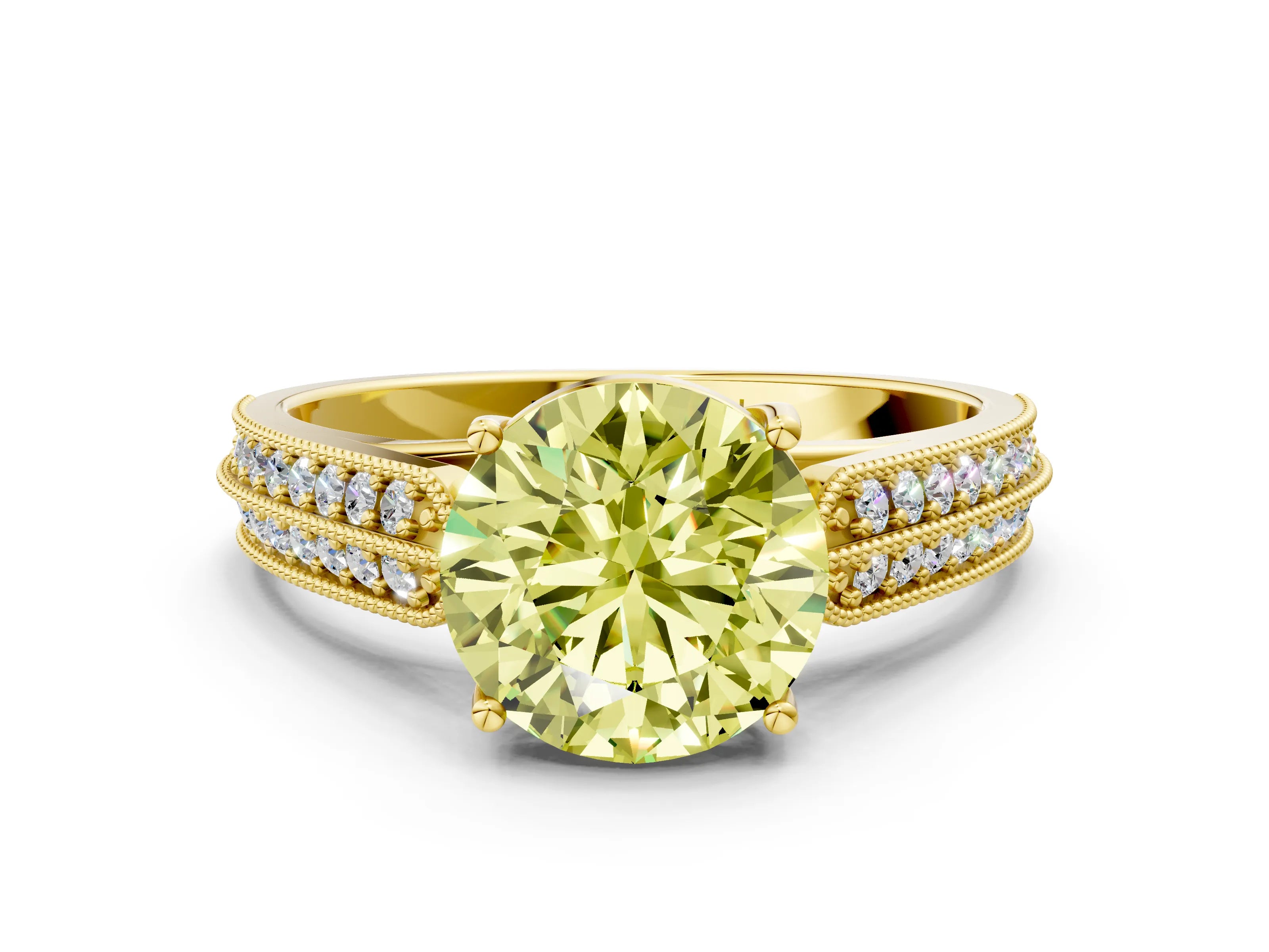 Yellow gold Fancy Yellow Round Cut Cut Pave Split Shank Engagement Ring with Four-Prong Setting