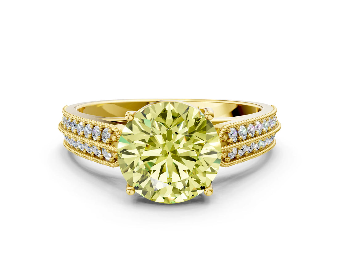 Yellow gold Fancy Yellow Round Cut Cut Pave Split Shank Engagement Ring with Four-Prong Setting