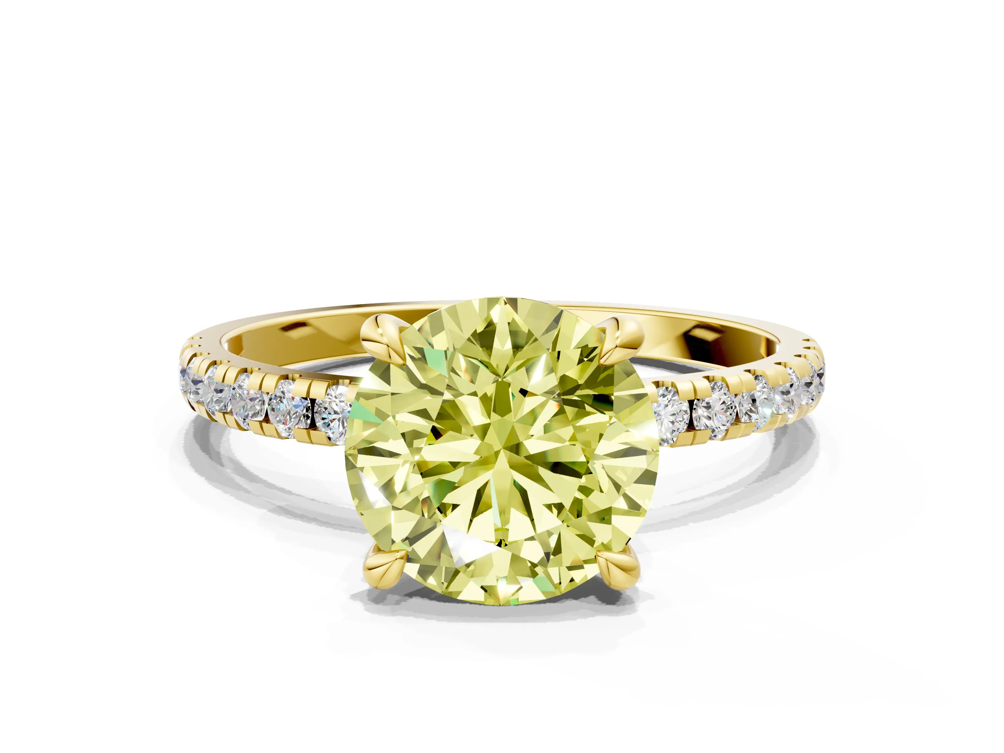 Yellow gold Fancy Yellow Round Cut Diamond Brilliant Solitaire Ring with Pavé Band and Four-Prong Setting