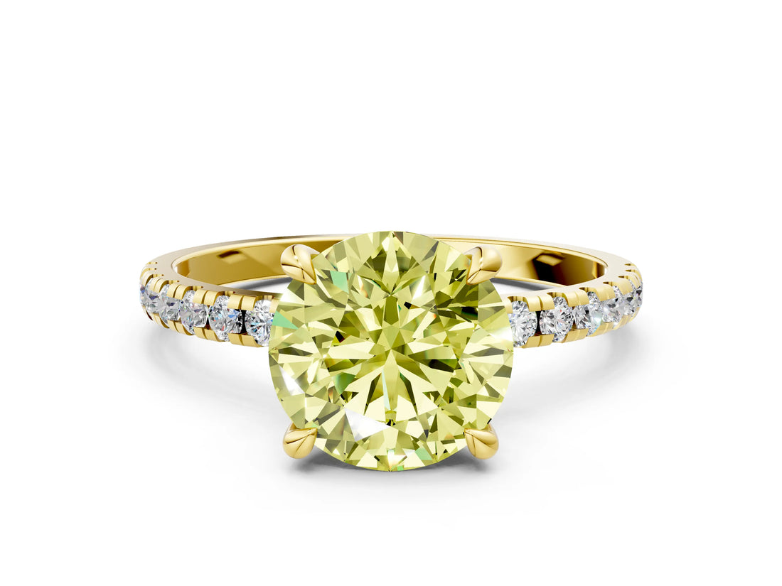 Yellow gold Fancy Yellow Round Cut Diamond Brilliant Solitaire Ring with Pavé Band and Four-Prong Setting_12