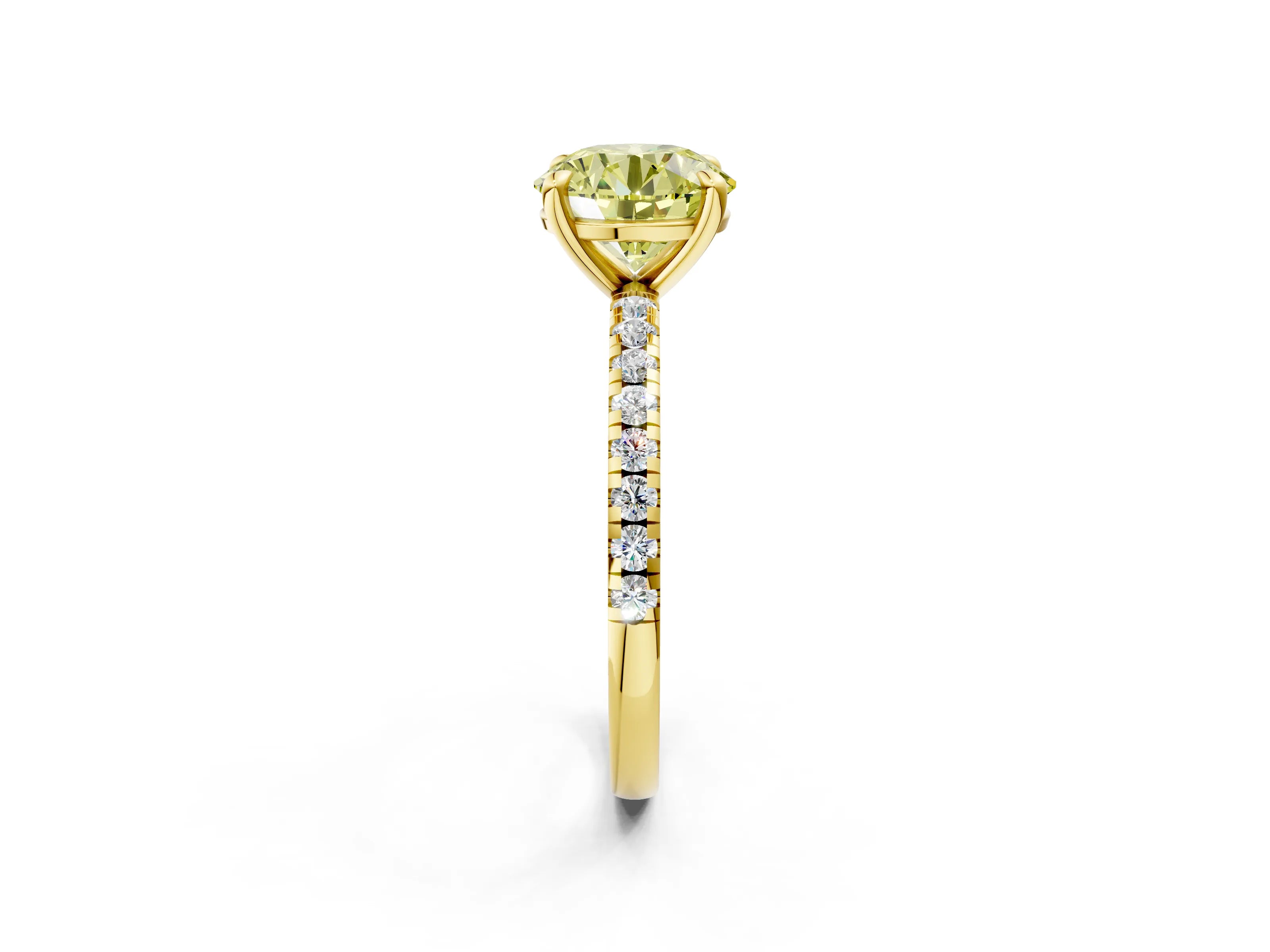Yellow gold Fancy Yellow Round Cut Diamond Brilliant Solitaire Ring with Pavé Band and Four-Prong Setting_2