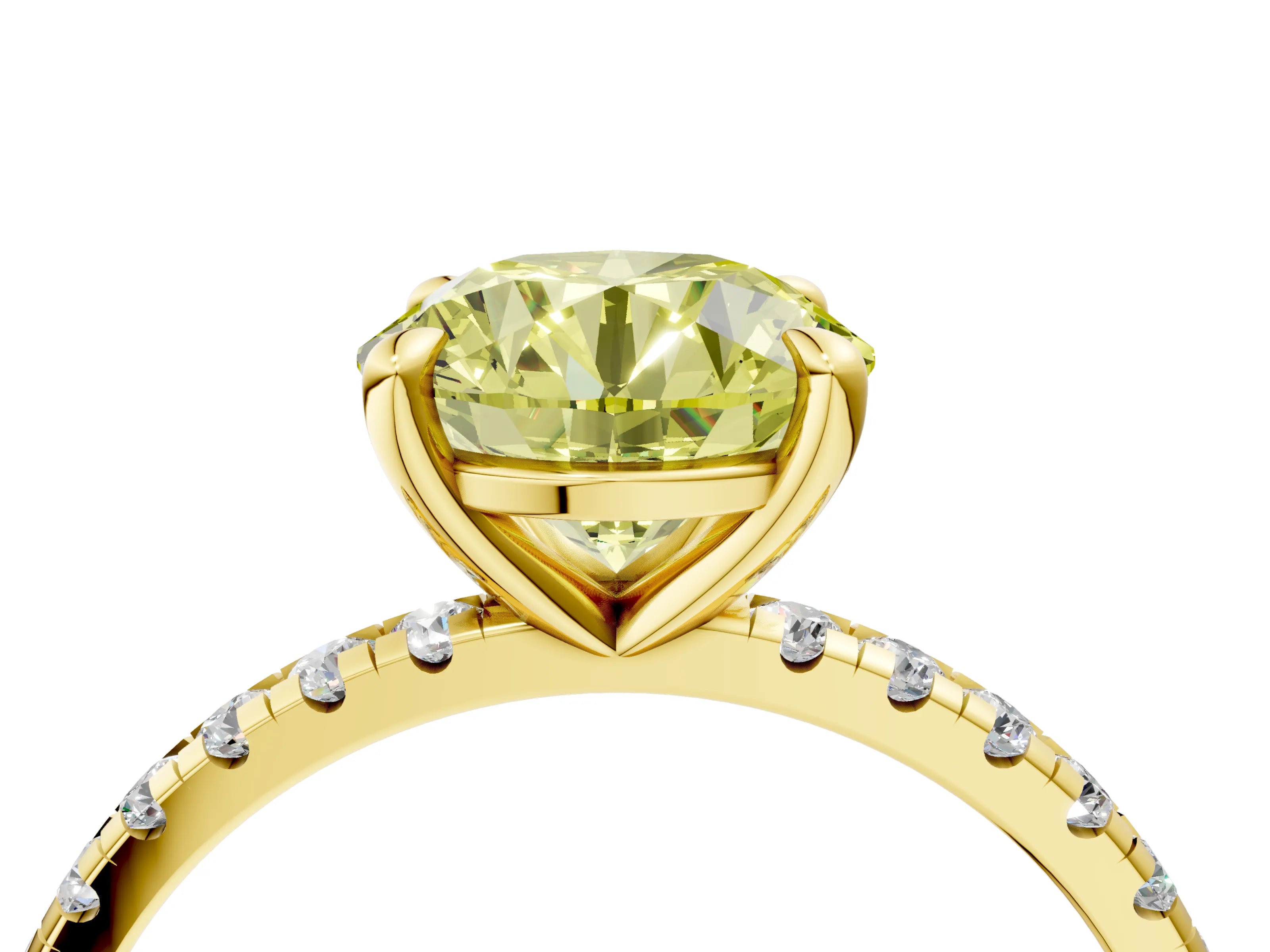 Yellow gold Fancy Yellow Round Cut Diamond Brilliant Solitaire Ring with Pavé Band and Four-Prong Setting_4