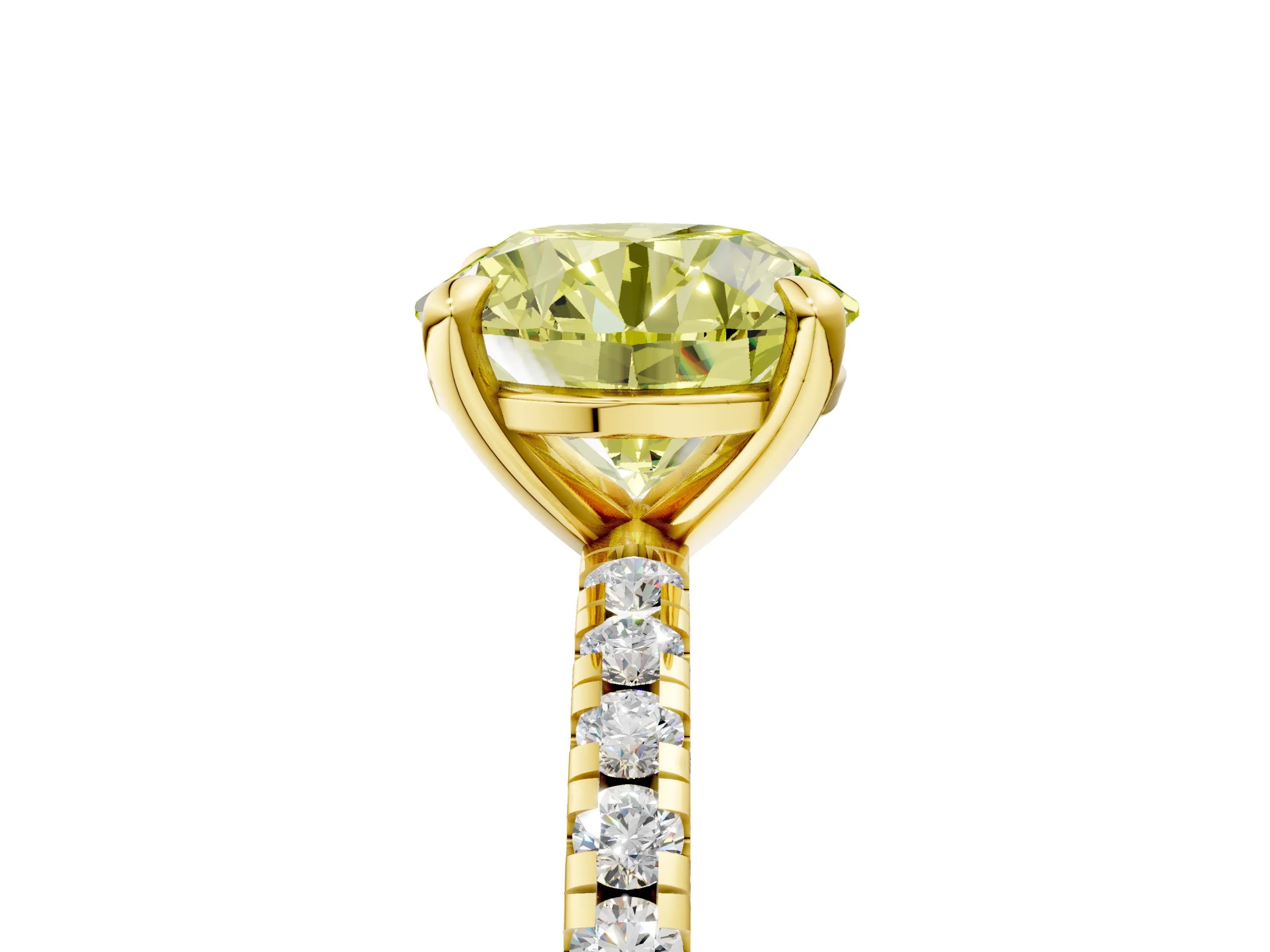 Yellow gold Fancy Yellow Round Cut Diamond Brilliant Solitaire Ring with Pavé Band and Four-Prong Setting_5