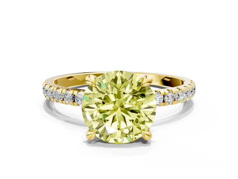 Yellow gold Fancy Yellow Round Cut Diamond Brilliant Solitaire Ring with Pavé Band and Four-Prong Setting