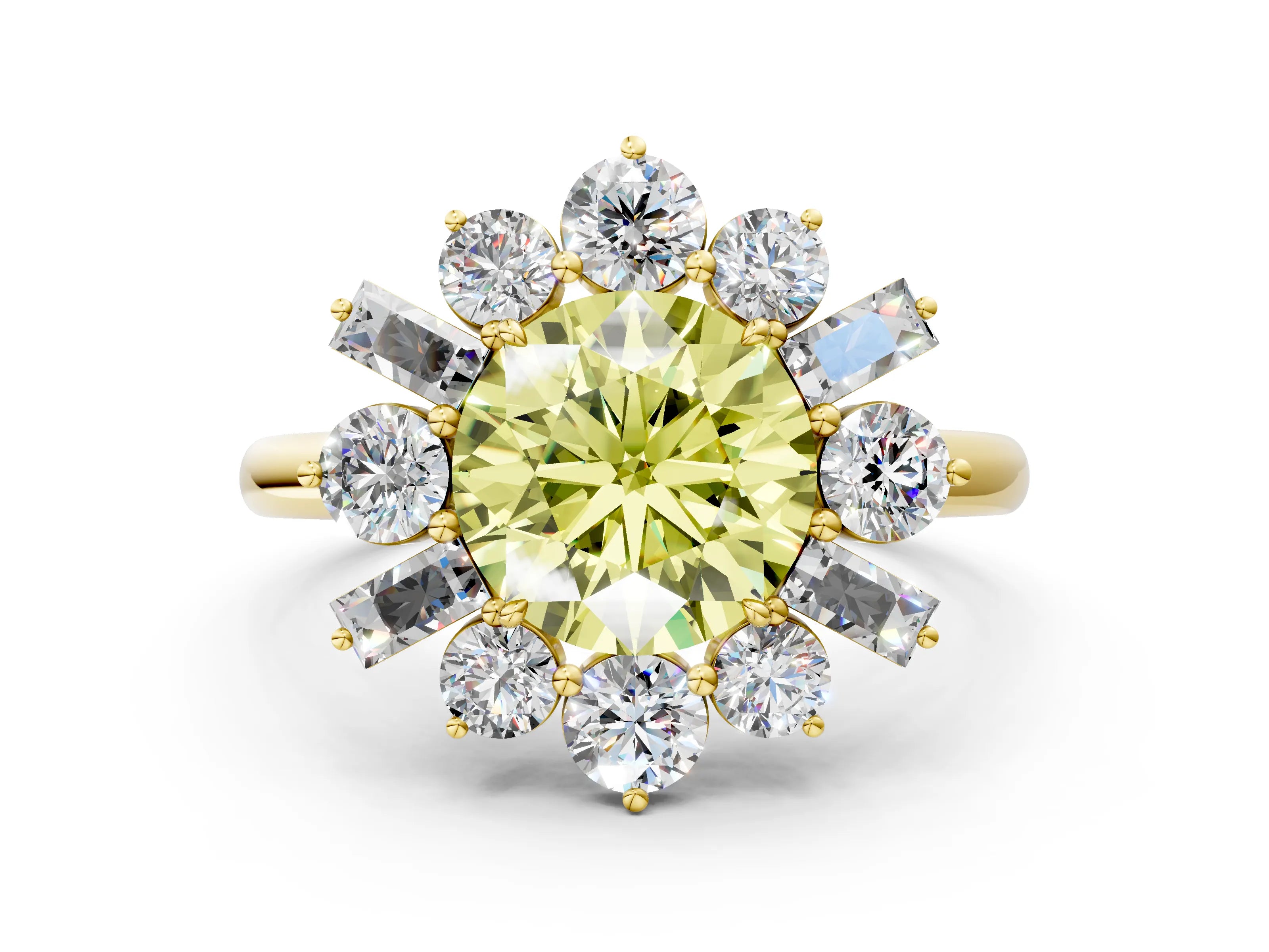Yellow gold Fancy Yellow Round Cut Diamond Cluster Ring with Round and Baguette Stones, Split Shank Band, Prong Setting