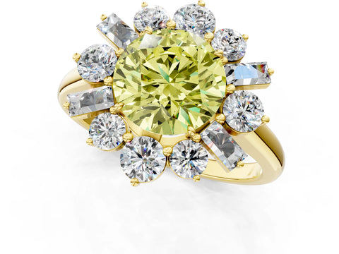 Yellow gold Fancy Yellow Round Cut Diamond Cluster Ring with Round and Baguette Stones, Split Shank Band, Prong Setting_1
