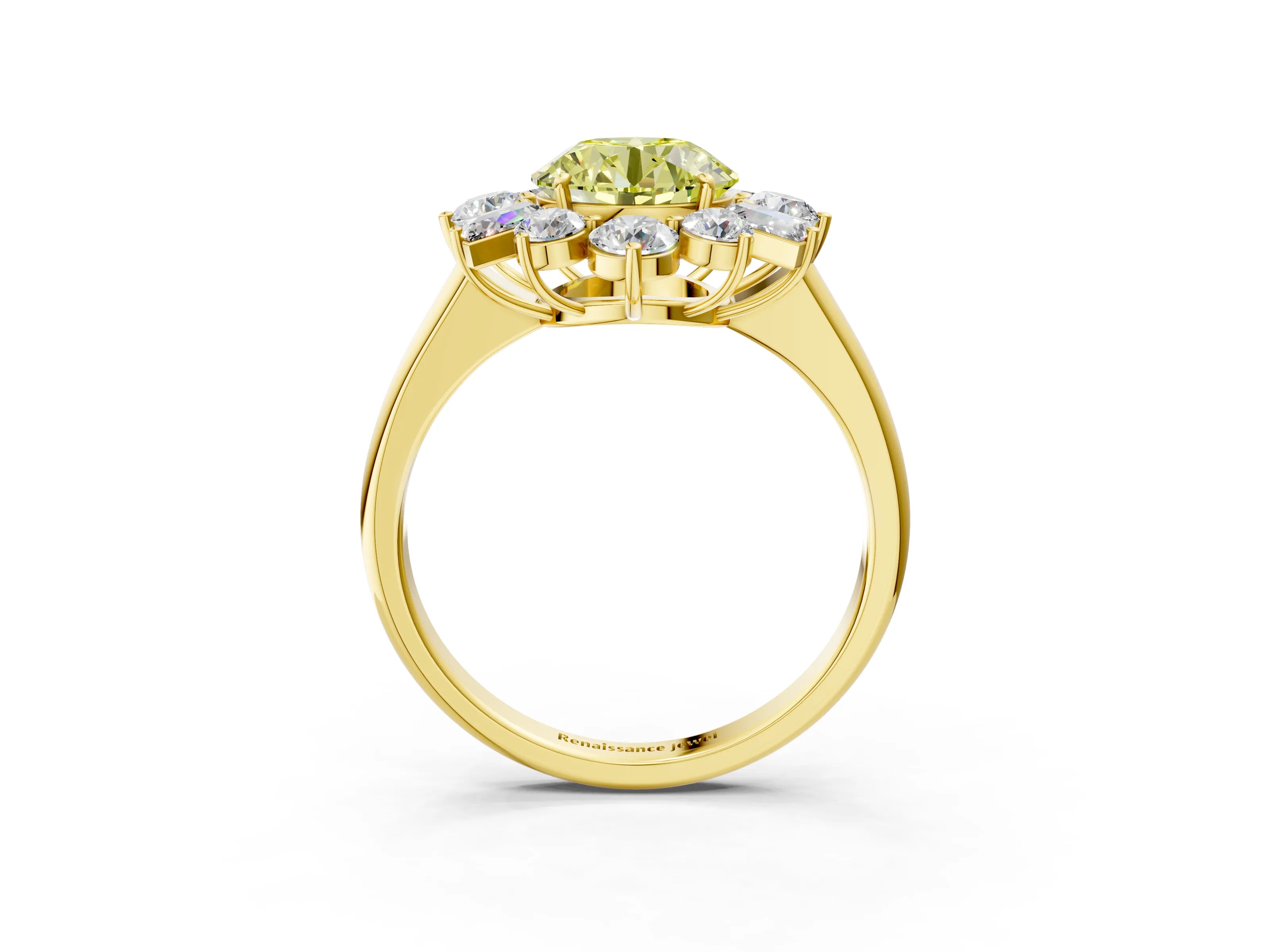 Yellow gold Fancy Yellow Round Cut Diamond Cluster Ring with Round and Baguette Stones, Split Shank Band, Prong Setting_3