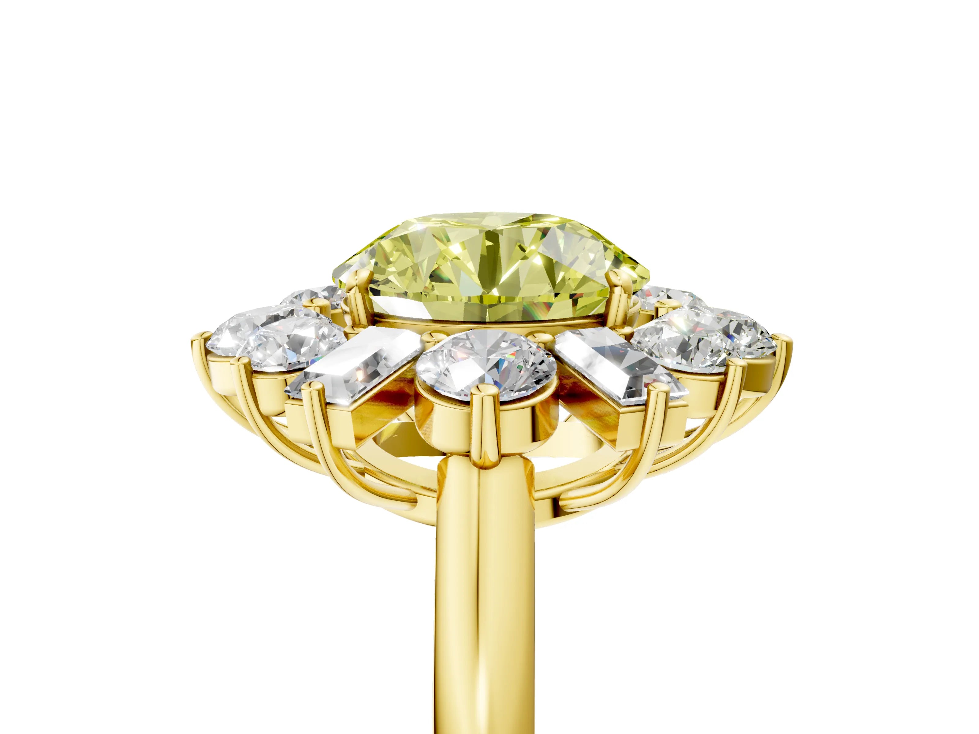 Yellow gold Fancy Yellow Round Cut Diamond Cluster Ring with Round and Baguette Stones, Split Shank Band, Prong Setting_5