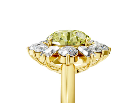 Yellow gold Fancy Yellow Round Cut Diamond Cluster Ring with Round and Baguette Stones, Split Shank Band, Prong Setting_5