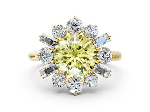 Yellow gold Fancy Yellow Round Cut Diamond Cluster Ring with Round and Baguette Stones, Split Shank Band, Prong Setting