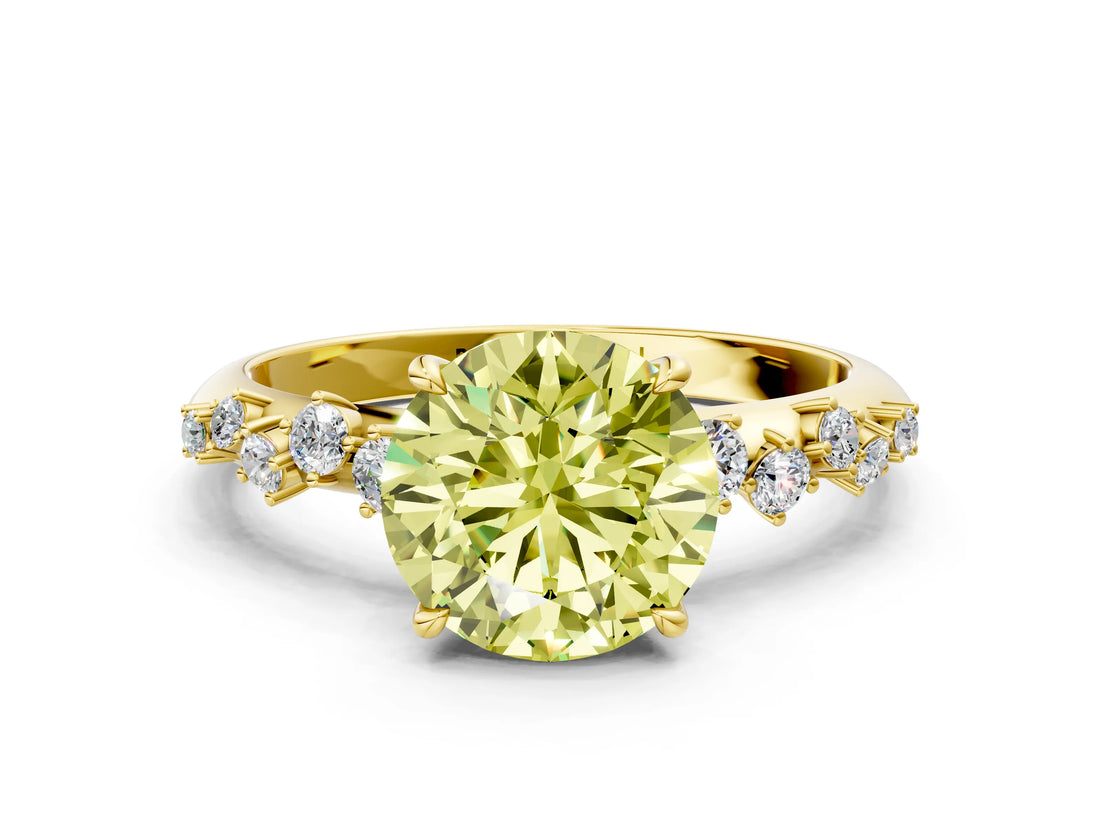 Yellow gold Fancy Yellow Round Cut Diamond Cluster Side Stone Solitaire Ring with Prong Setting_29