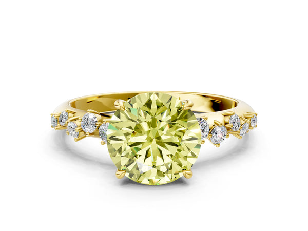 Yellow gold Fancy Yellow Round Cut Diamond Cluster Side Stone Solitaire Ring with Prong Setting