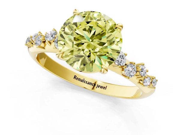 Yellow gold Fancy Yellow Round Cut Diamond Cluster Side Stone Solitaire Ring with Prong Setting