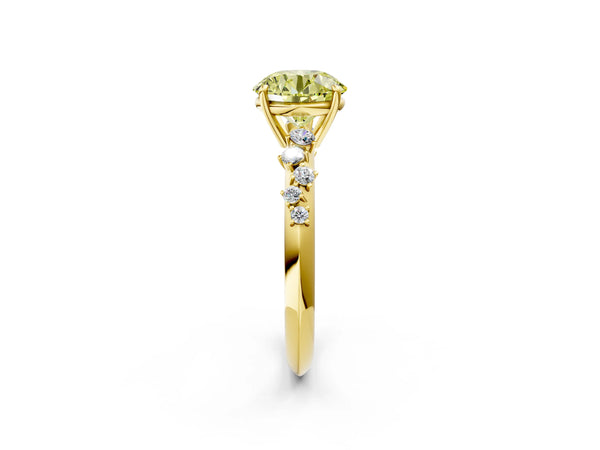 Yellow gold Fancy Yellow Round Cut Diamond Cluster Side Stone Solitaire Ring with Prong Setting