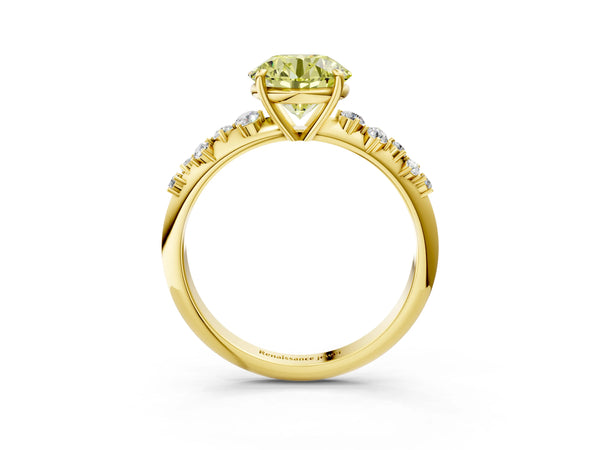 Yellow gold Fancy Yellow Round Cut Diamond Cluster Side Stone Solitaire Ring with Prong Setting
