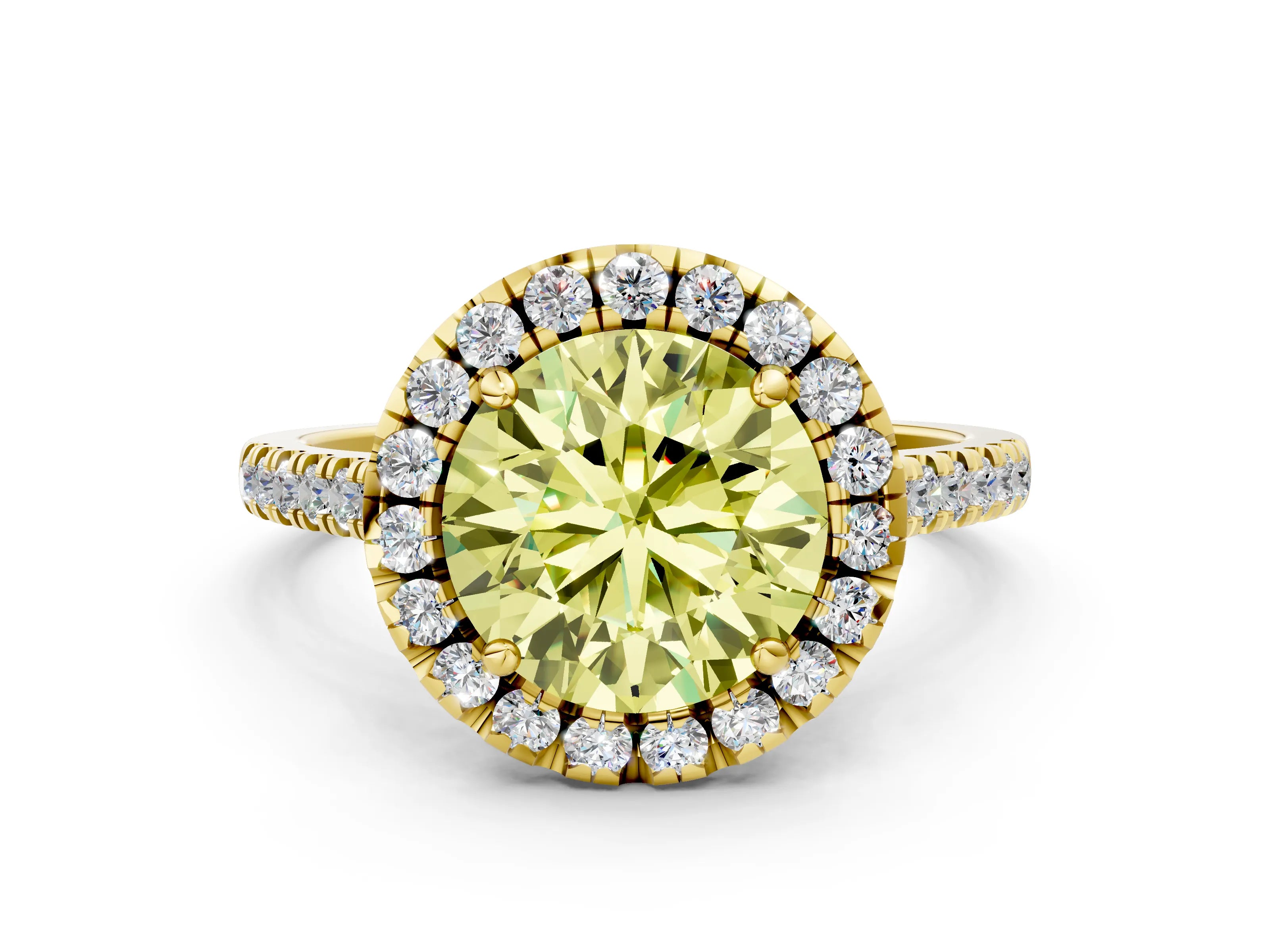 Yellow gold Fancy Yellow Round Cut Diamond Cushion Halo Ring with Pavé Band
