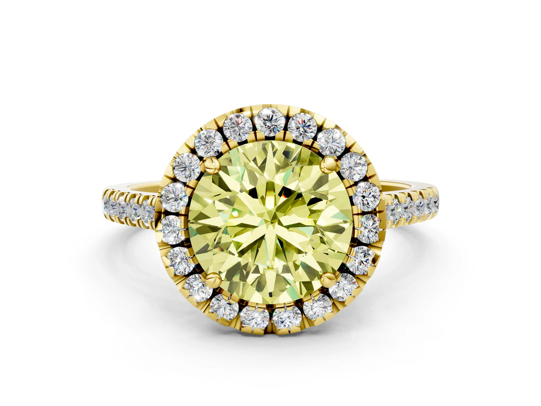 Yellow gold Fancy Yellow Round Cut Diamond Cushion Halo Ring with Pavé Band