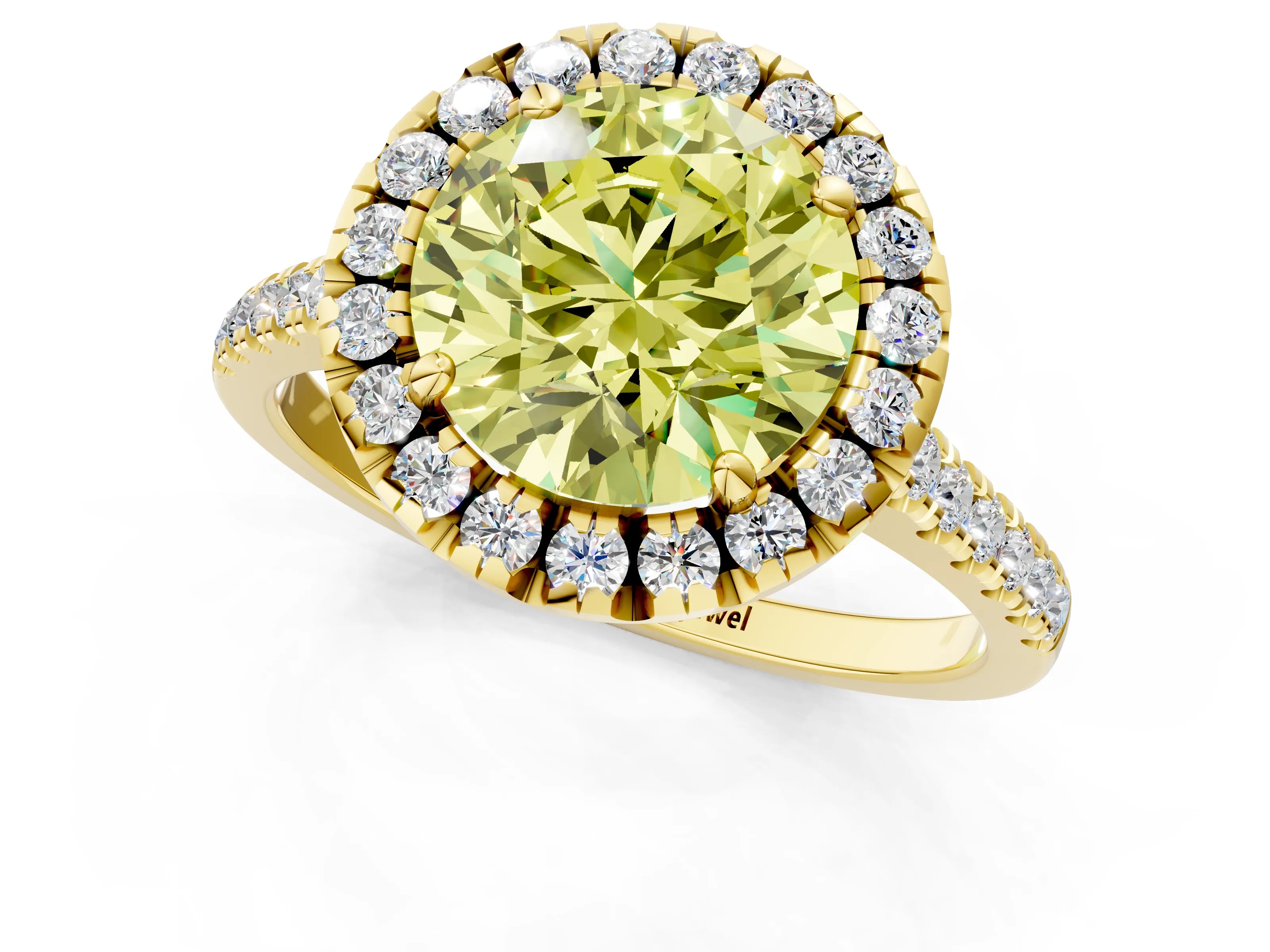 Yellow gold Fancy Yellow Round Cut Diamond Cushion Halo Ring with Pavé Band_1