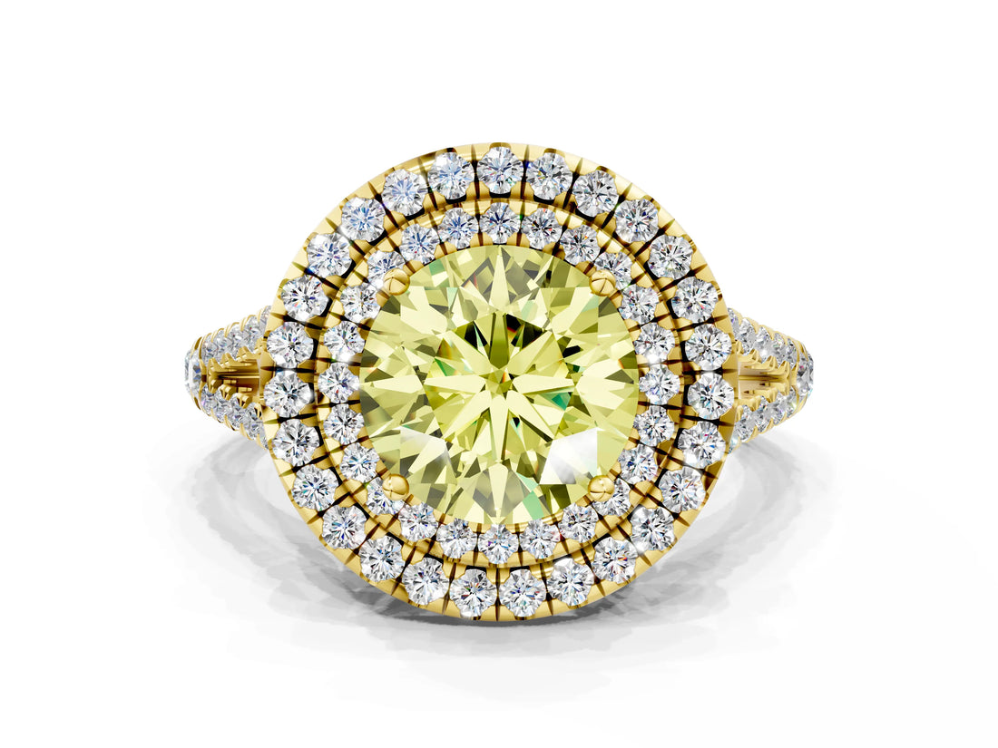 Yellow gold Fancy Yellow Round Cut Diamond Double Halo Ring with Pavé Band and Prong Setting_16