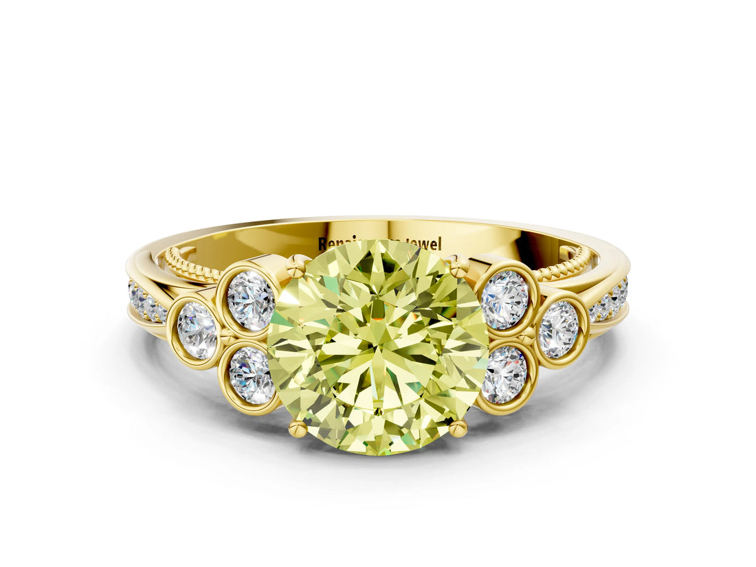 Yellow gold Fancy Yellow Round  Cut Diamond Engagement Ring with Bezel Set Round Side Stones and Prong Setting_28