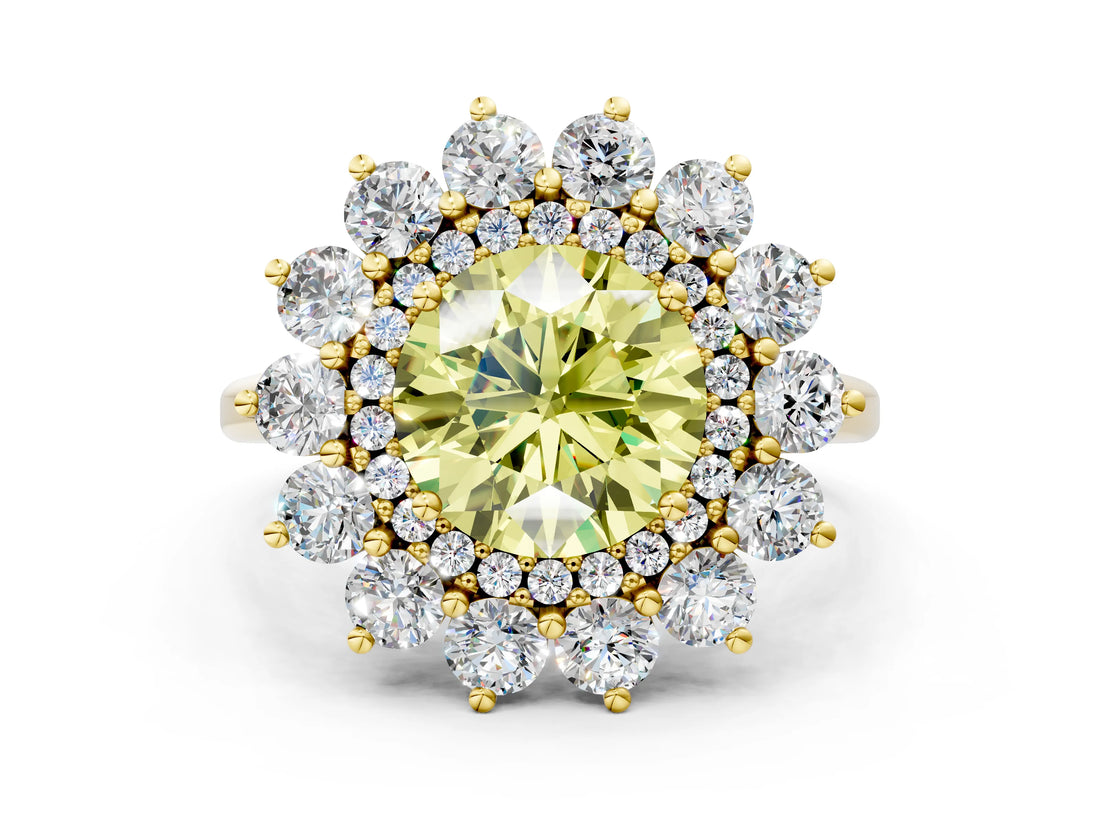 Yellow gold Fancy Yellow Round Cut Diamond Floral Double Halo Engagement Ring with Prong Setting_24