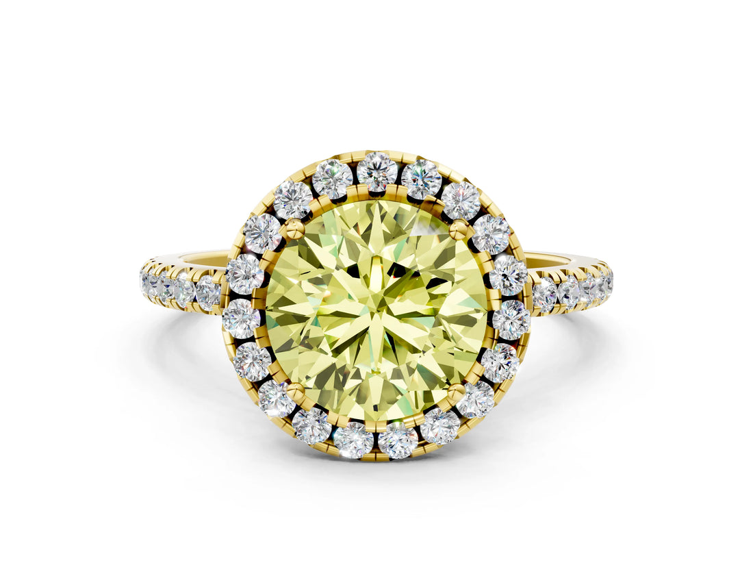 Yellow gold Fancy Yellow Round  Cut Diamond Floral Halo Engagement Ring with Pavé Band and Prong Setting_17