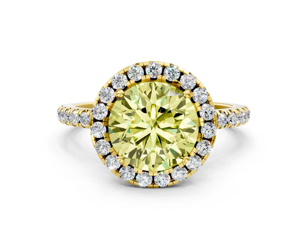 Yellow gold Fancy Yellow Round  Cut Diamond Floral Halo Engagement Ring with Pavé Band and Prong Setting
