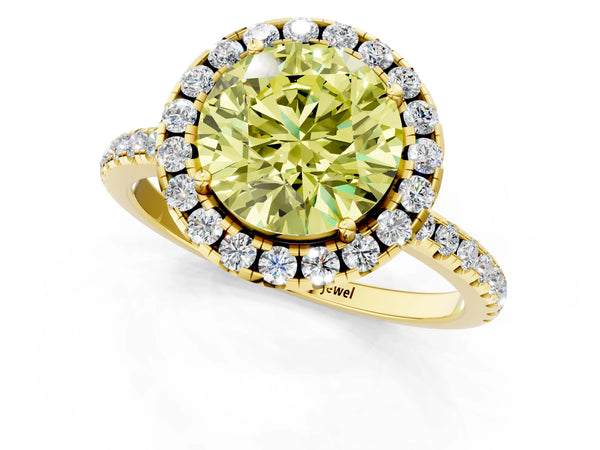 Yellow gold Fancy Yellow Round  Cut Diamond Floral Halo Engagement Ring with Pavé Band and Prong Setting