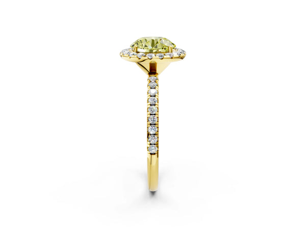 Yellow gold Fancy Yellow Round  Cut Diamond Floral Halo Engagement Ring with Pavé Band and Prong Setting