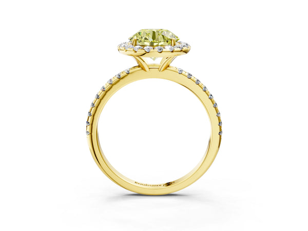 Yellow gold Fancy Yellow Round  Cut Diamond Floral Halo Engagement Ring with Pavé Band and Prong Setting