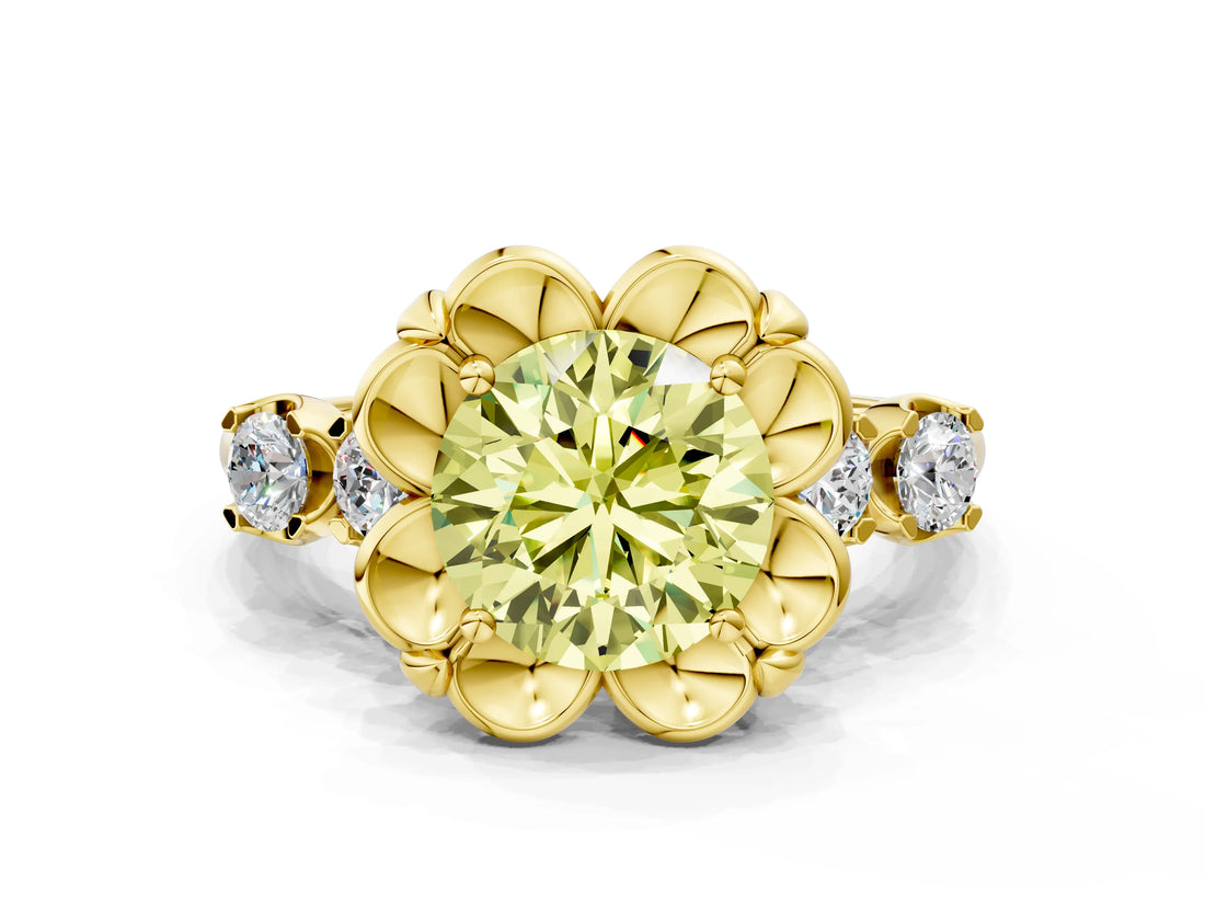 Yellow gold Fancy Yellow Round  Cut Diamond Floral Halo Engagement Ring with Shared Prong Setting