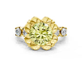 Yellow gold Fancy Yellow Round  Cut Diamond Floral Halo Engagement Ring with Shared Prong Setting