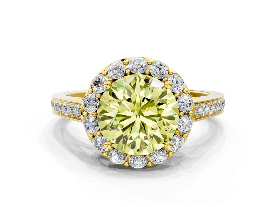 Yellow gold Fancy Yellow Round Cut Diamond Floral Halo Ring with Pavé Band and Prong Setting_3