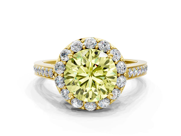Yellow gold Fancy Yellow Round Cut Diamond Floral Halo Ring with Pavé Band and Prong Setting